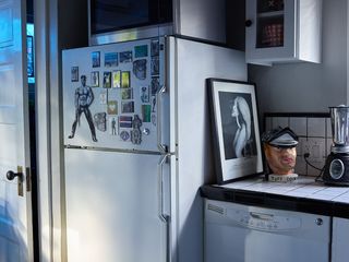 White kitchen, fridge with male erotic decorative magnets, white door open slightly, white tiled worktop with black trim, male erotic image framed, ood blender, ornament of male head, white kitchen appliance