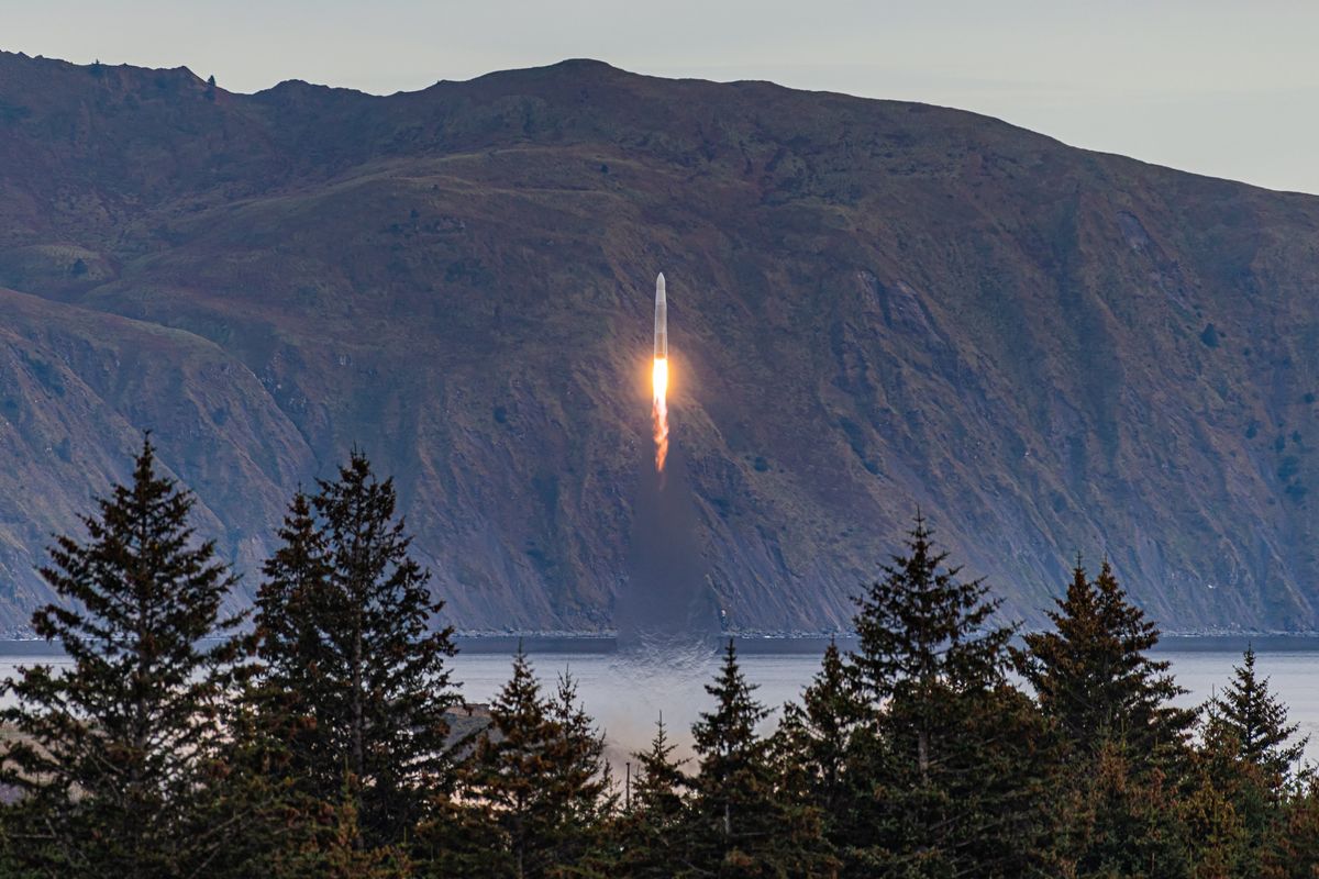 Astra&#039;s Rocket 3.1 rises into the sky above Alaska&#039;s Pacific Spaceport Complex during the company&#039;s first orbital launch attempt on Sept. 11, 2020. The flight ended during the first-stage engine burn.