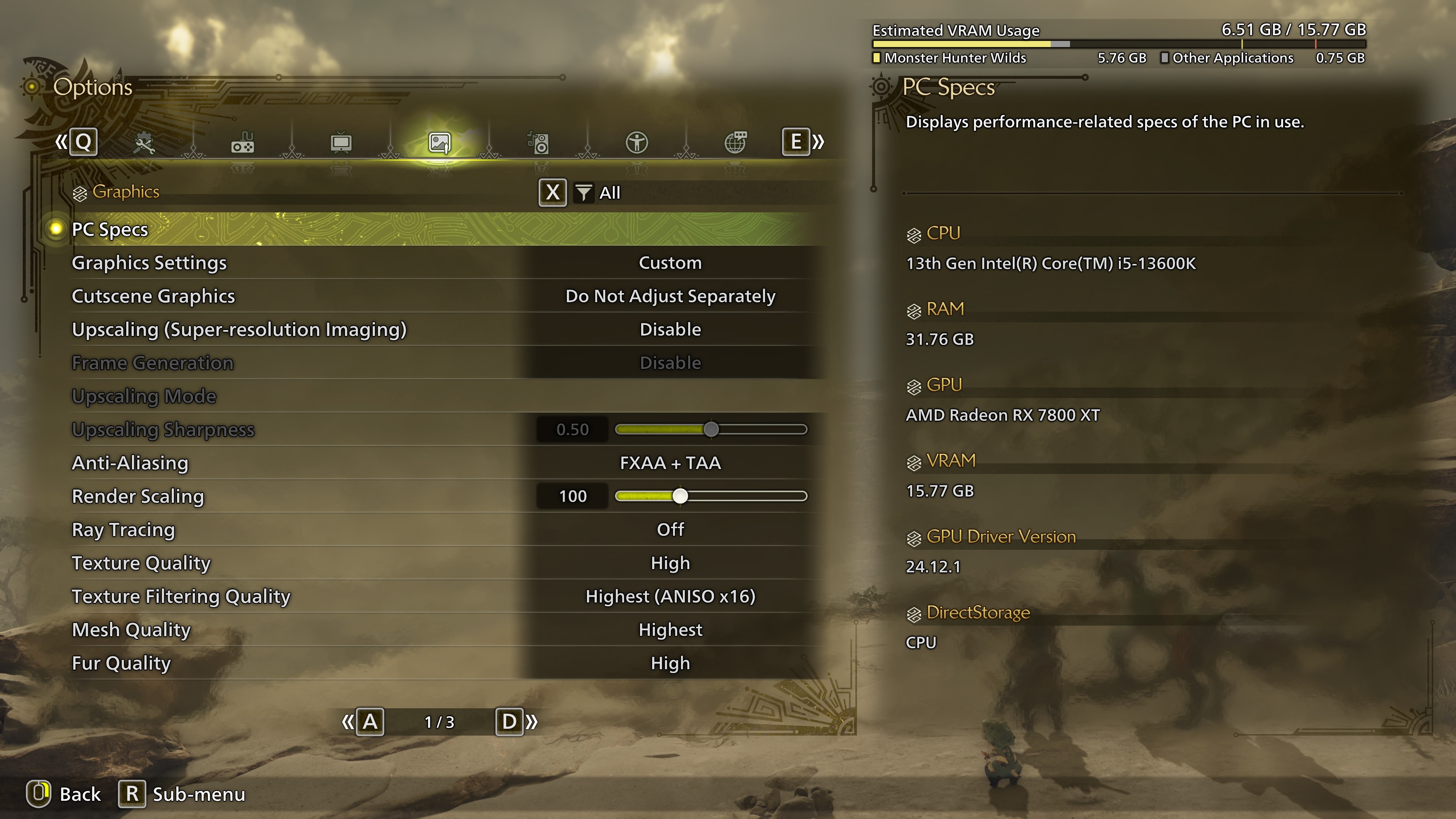 Monster Hunter Wilds PC graphics settings menus