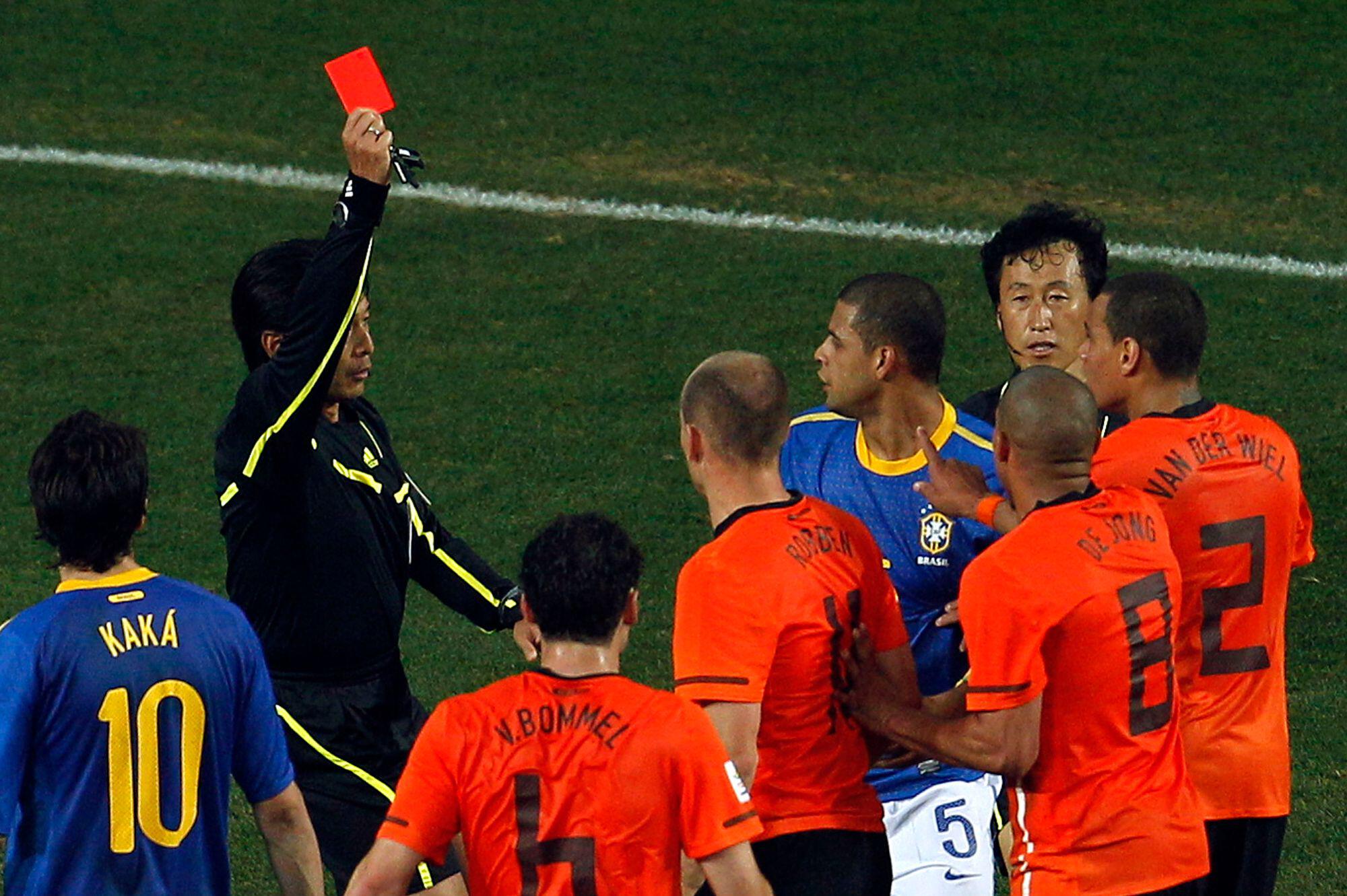 Felipe Melo is sent off while playing for Brazil against the Netherlands in the quarter-finals of the 2010 World Cup