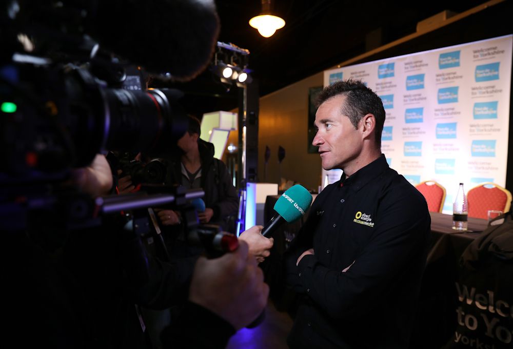 Thomas Voeckler (Direct Energie) talks to media after the Tour de Yorkshire press conference
