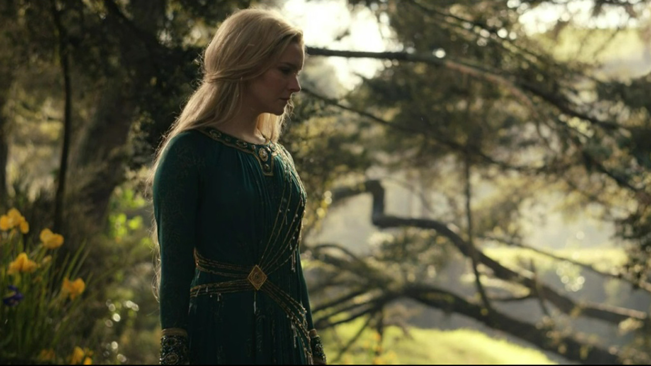 Galadriel looks somber after reading the royal scroll of the Southlands in The Rings of Power episode 8