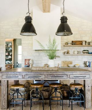 Modern farmhouse kitchen with vintage style pendant lights above the kitchen island