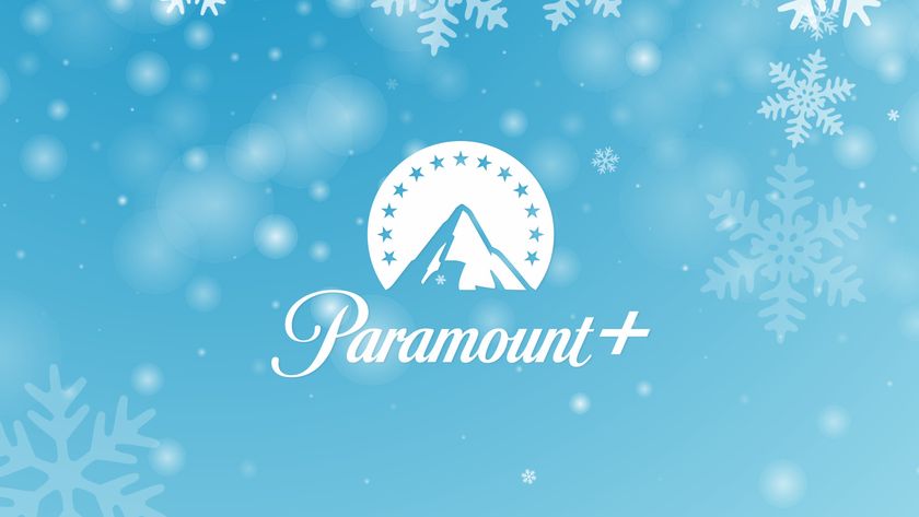 Paramount Plus logo on a blue snowy background