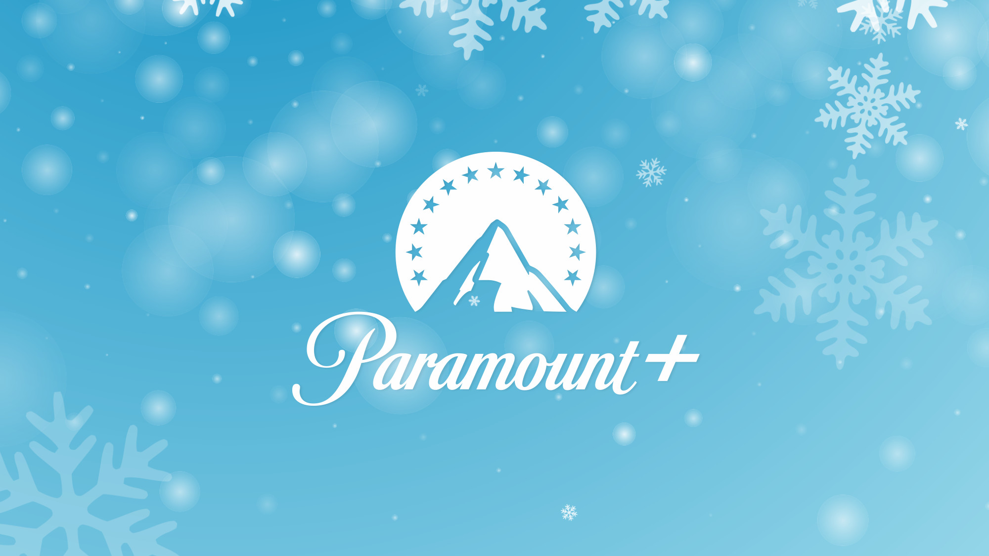 Paramount Plus logo on a blue snowy background
