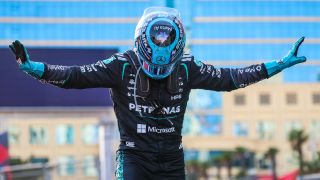 George Russell of Great Britain and Mercedes-AMG Petronas celebrates in parc ferme during the F1 Grand Prix of Azerbaijan