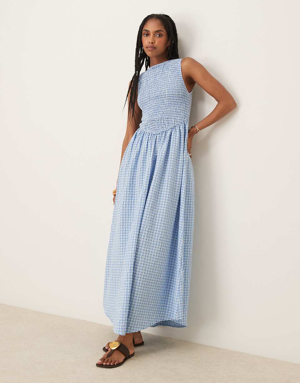 Asos Design Shirred Bodice Maxi Dress in Blue Gingham