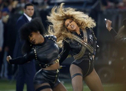 Beyonce performs during halftime of the NFL Super Bowl 50 football game in Santa Clara, Calif.