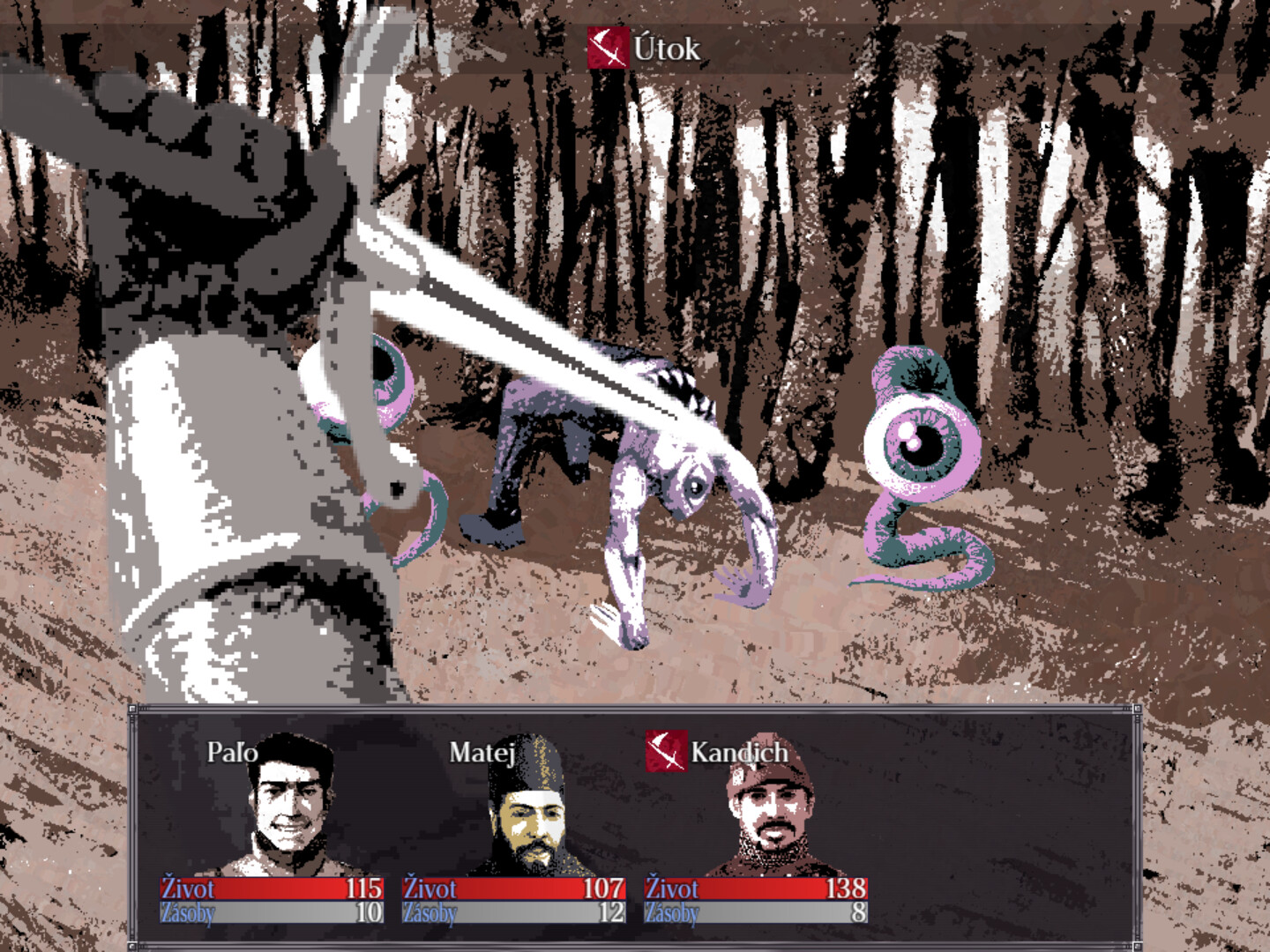 Combat screen in Felvidek showing battle with strange otherworldly floating eye creatures