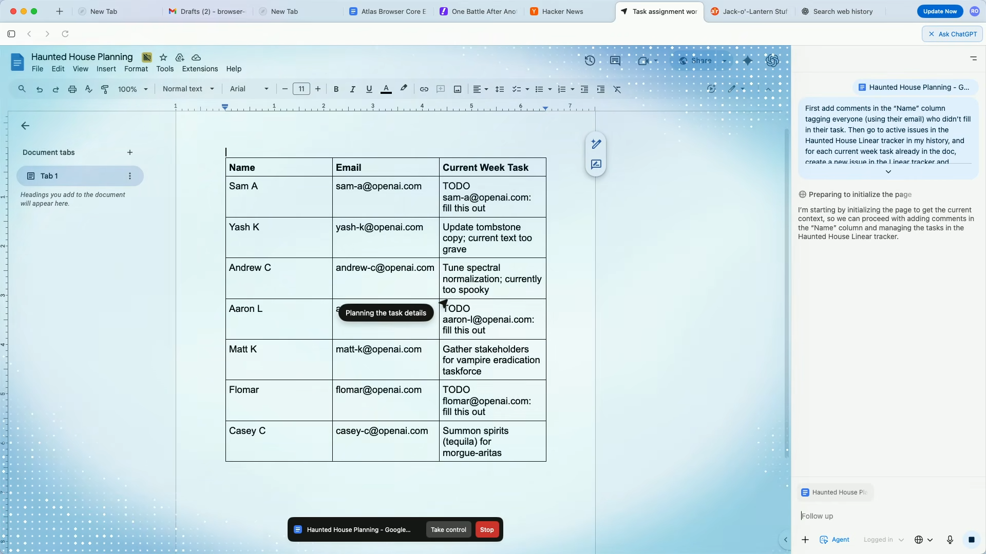ChatGPT Atlas agent mode in Google Docs