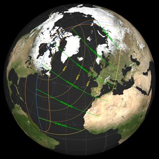 map of earth showing the path of the partial solar eclipse