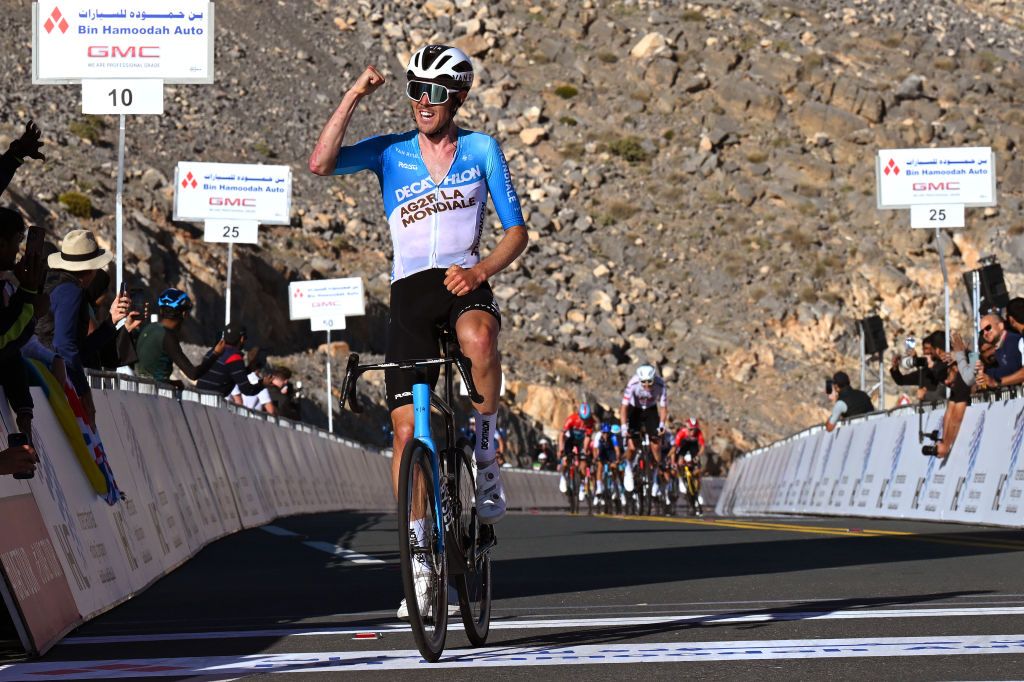 JEBEL JAIS UNITED ARAB EMIRATES FEBRUARY 21 Ben OConnor of Australia and Team DecathlonAG2R La Mondiale celebrates at finish line as stage winner during the 6th UAE Tour 2024 Stage 3 a 176km stage from Al Marjan Island Al Jazirah Al Hamra to Jebel Jais 1489m UCIWT on February 21 2024 in Jebel Jais United Arab Emirates Photo by Tim de WaeleGetty Images
