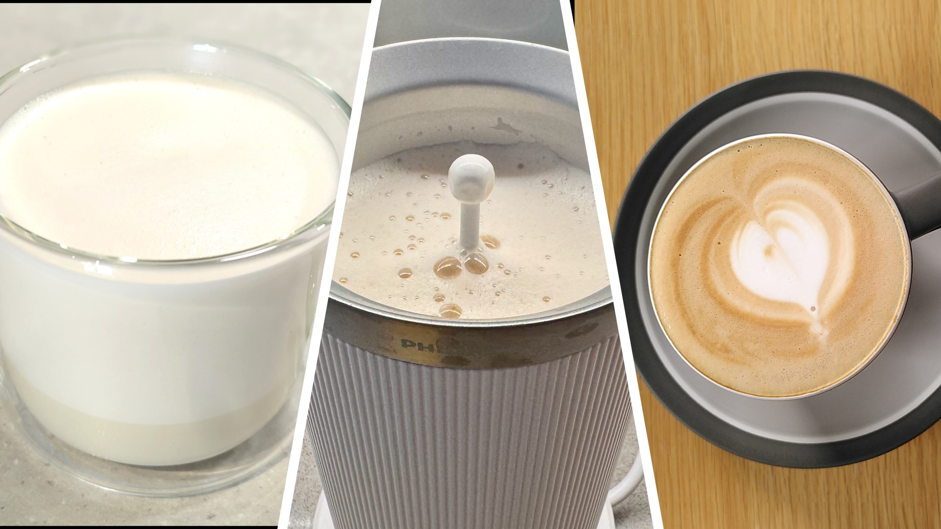 Split image showing mug of milk foam, milk in electric milk frother, and a latte with a heart on top