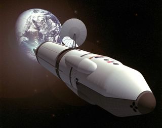An artist's depiction of a rocket carrying humans to Mars.