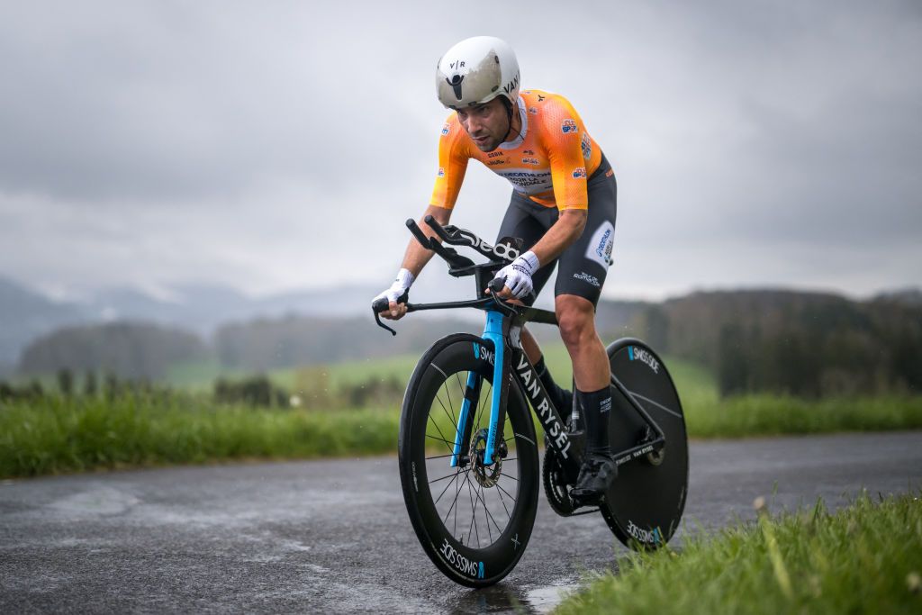 Team Decathlon AG2R La Mondiale's Italian rider Andrea Vendrame cycles during the third stage of the Tour of Romandy UCI cycling World tour, a 15.5 km time trial from Oron to Oron, in Maracon, western Switzerland, on April 26, 2024. (Photo by Fabrice COFFRINI / AFP)