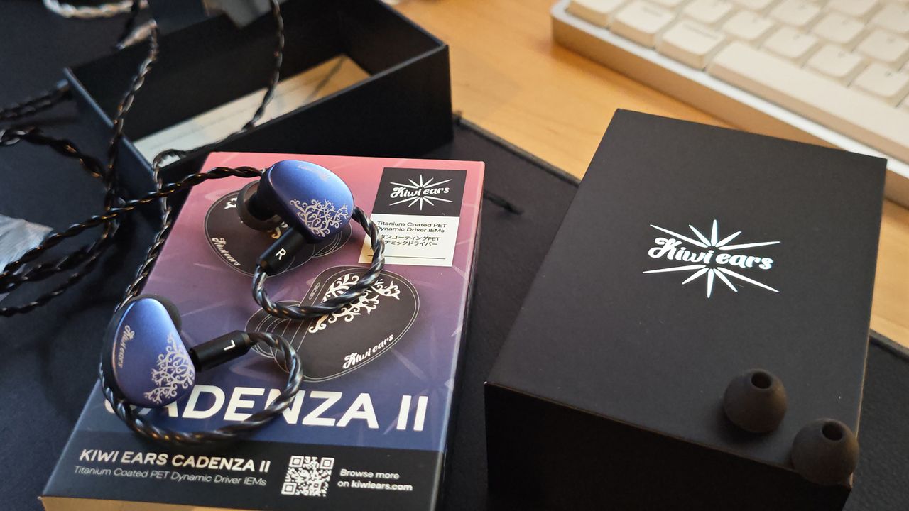 The Kiwi Ears Cadenza II in-ear monitors on a home desktop.
