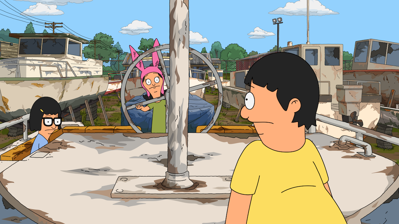 Louise, Tina and Gene on filthy boat in a boatyard in Bob&#039;s Burgers Season 15