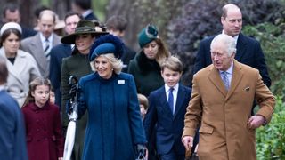 Princess Charlotte, Catherine, Princess of Wales, Camilla, Queen Consort, Prince Louis, Prince George, King Charles III and Prince William, Prince of Wales attend the Christmas Day service in 2022