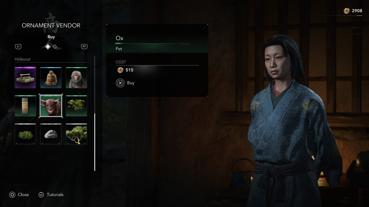 Assassin's Creed Shadows screenshot of an ornament vendor selling an Ox and Macaque