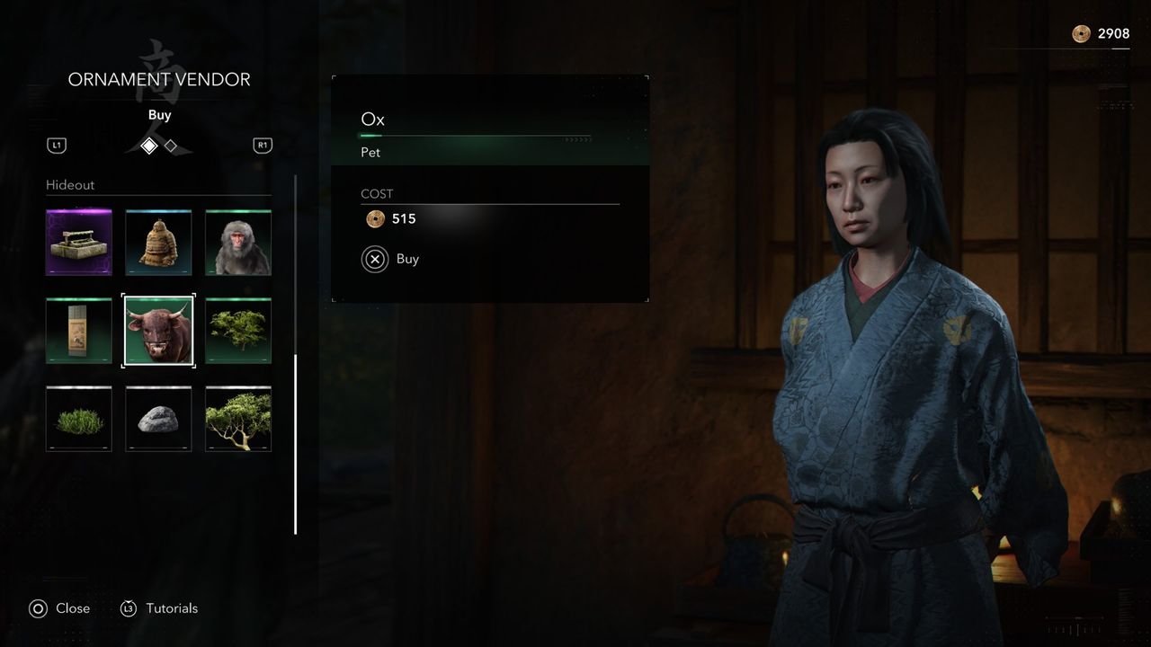 Assassin's Creed Shadows screenshot of an ornament vendor selling an Ox and Macaque