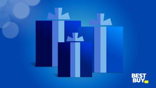 An illustration of presents with Best Buy logo on blue background
