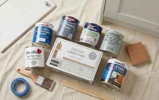 Best kitchen cabinet paints on a dust sheet next to kitchen cabinets