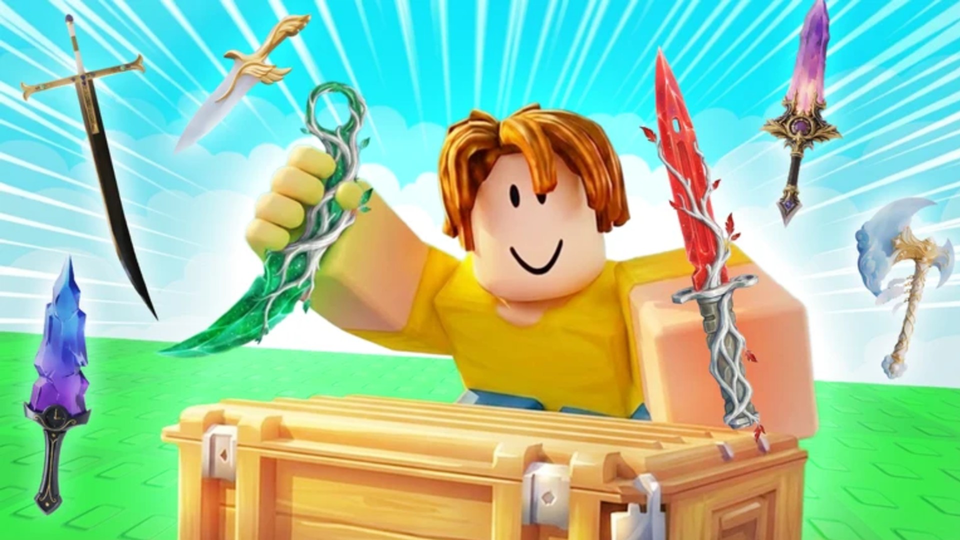A Roblox character holds a videogame knife that he got from a chest in My Knife Farm.