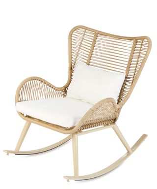 rope effect outdoor rocking chair with beige cushions