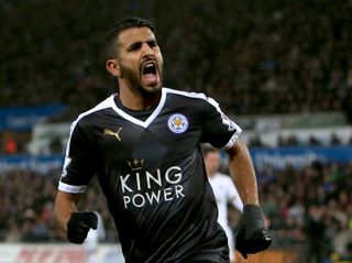 Riyad Mahrez celebrates one of his three goals for Leicester City against Swansea City in the Premier League in December 2015.