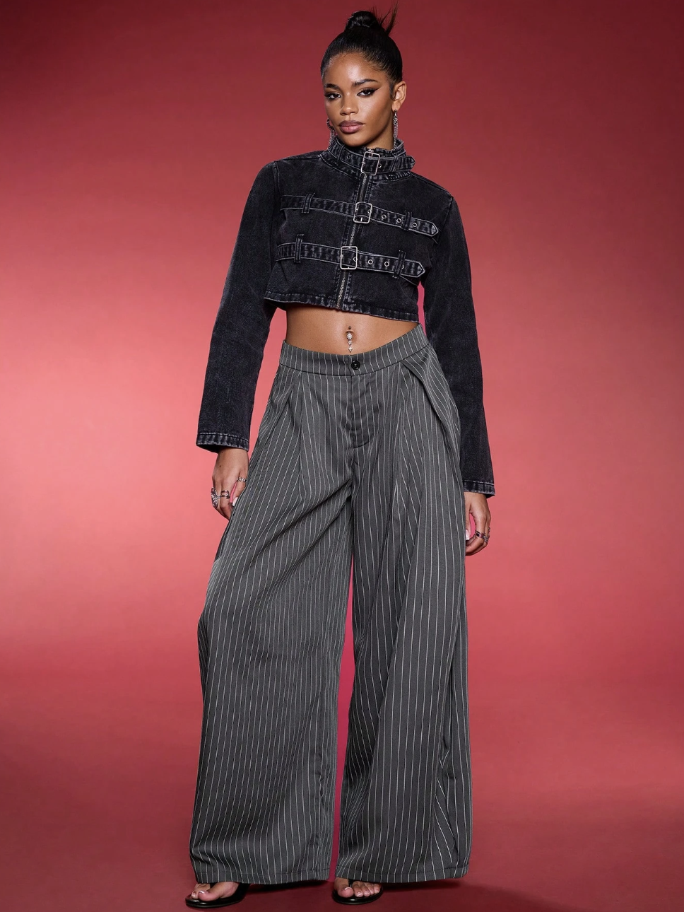 NORMANI, Y2K Casual Hippie Striped Oversized Low Rise Grey Banana Pants