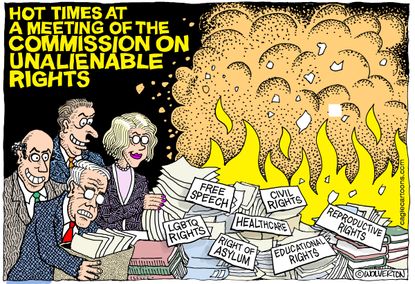 Political Cartoon U.S. Commission Unalienable Rights Pompeo Fire Asylum
