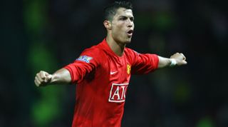 MANCHESTER, UNITED KINGDOM - NOVEMBER 15: Cristiano Ronaldo of Manchester United celebrates scoring his team's fifth goal during the Barclays Premier League match between Manchester United and Stoke City at Old Trafford on November 15, 2008 in Manchester, England. (Photo by Alex Livesey/Getty Images)