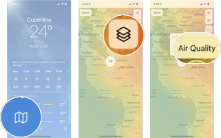 How To See Air Quality Weather Maps In Weather App iOS 15: Launch Weather, tap the map icon, tap options, and then tap air quality.