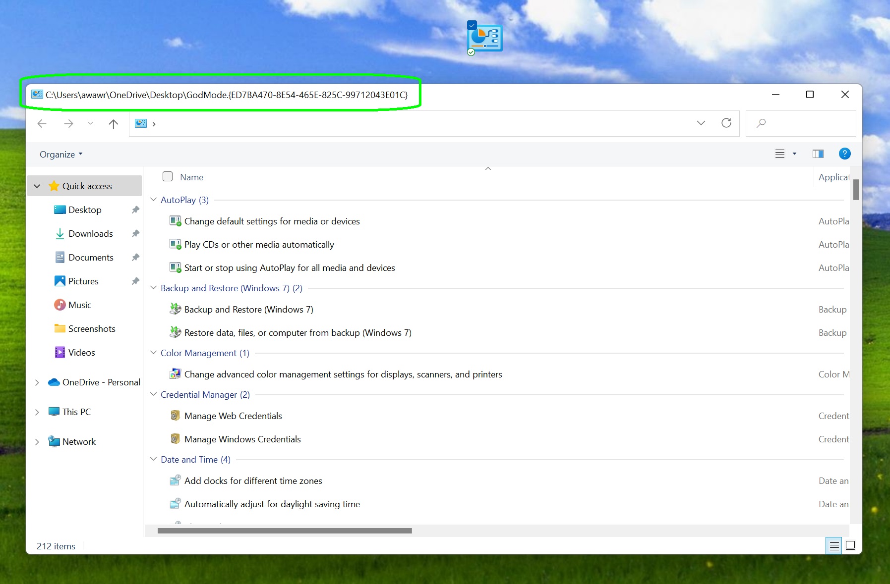 снимок экрана интерфейса Windows 11 God Mode