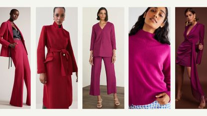 5 women wearing Pantone Color of the Year 2023 color, magenta of various shades