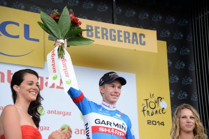 Tom Jelte-Slagter (Garmin-Sharp) collecting his prize