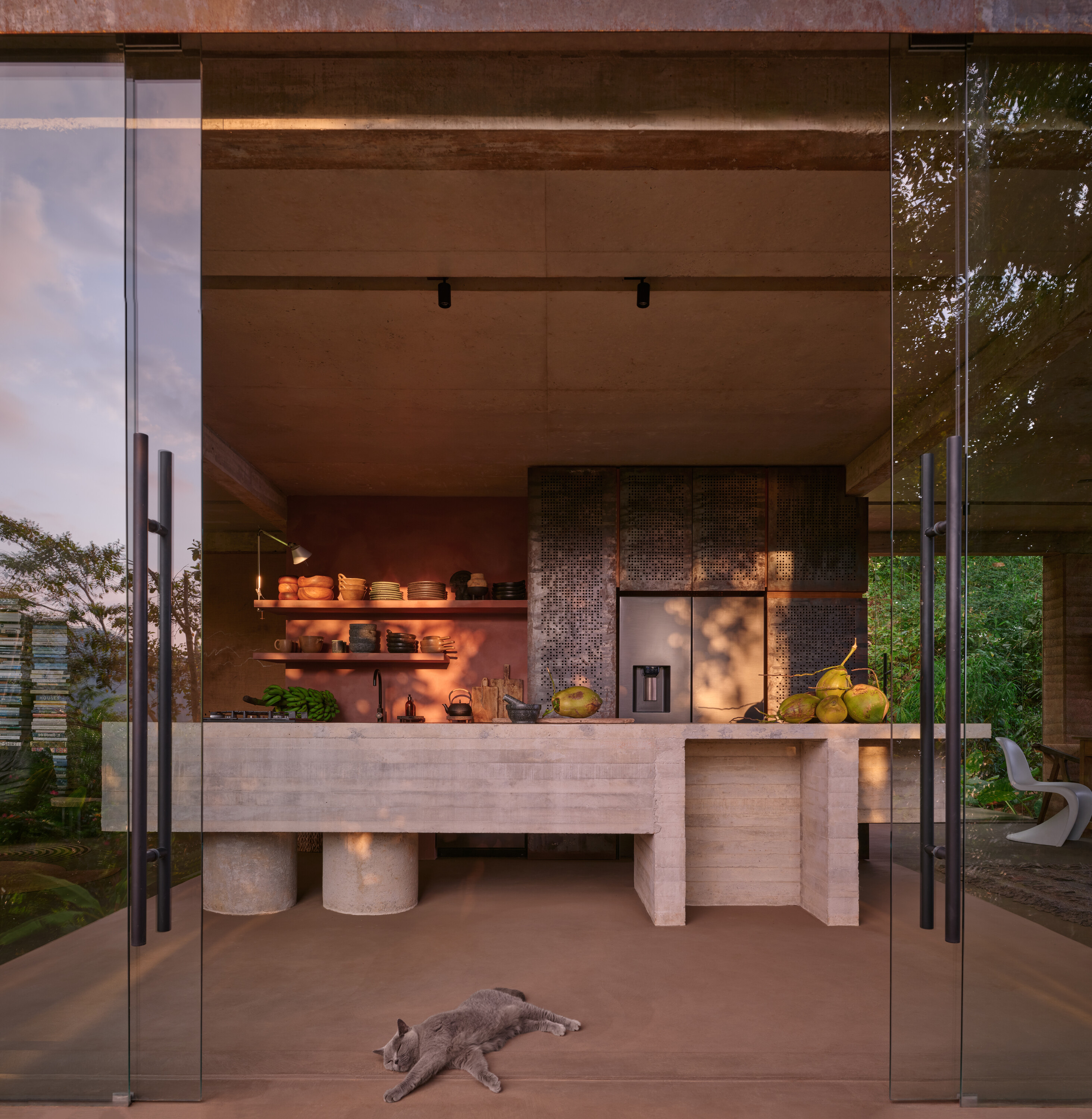 The kitchen unit is formed from poured concrete