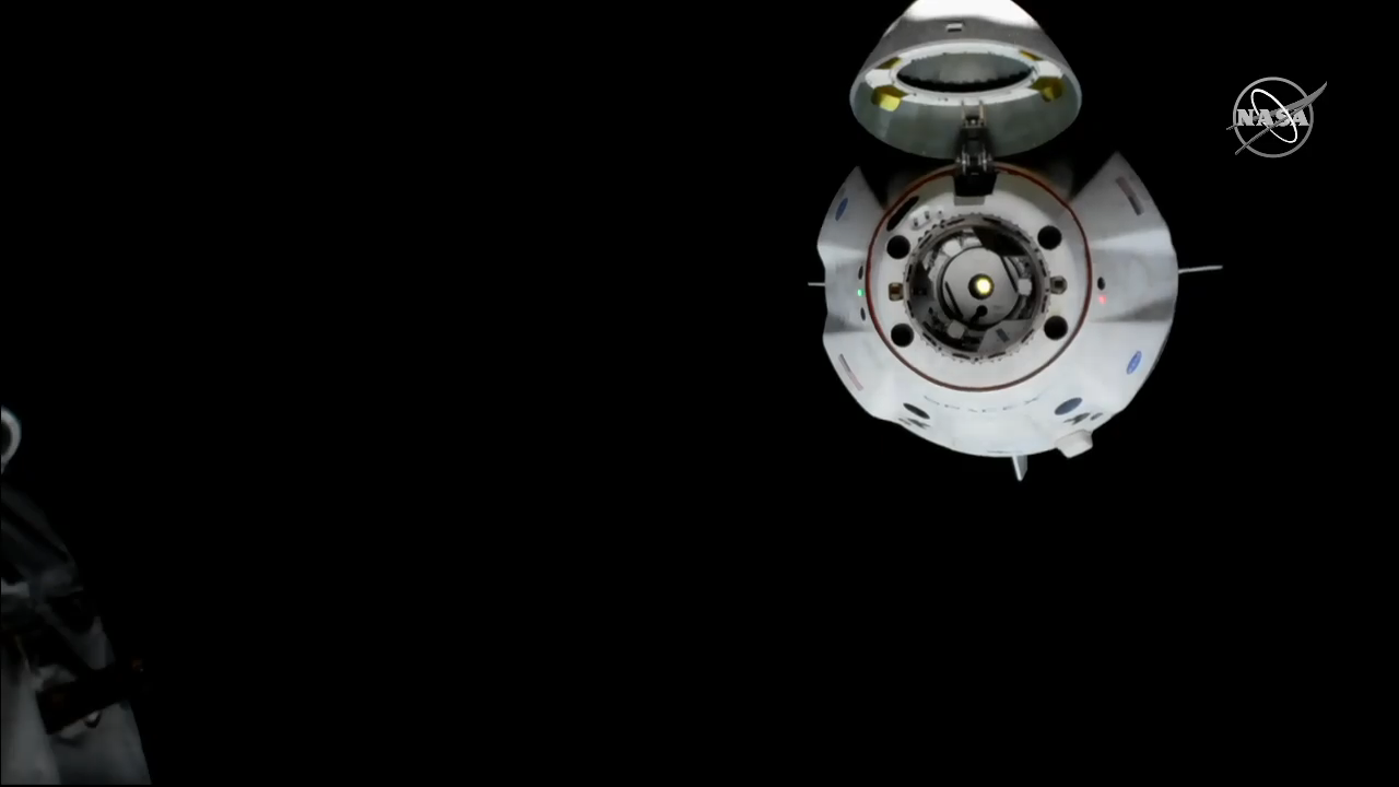 A view of Crew Dragon's docking hatch, which is located underneath the spacecraft's nose cone.