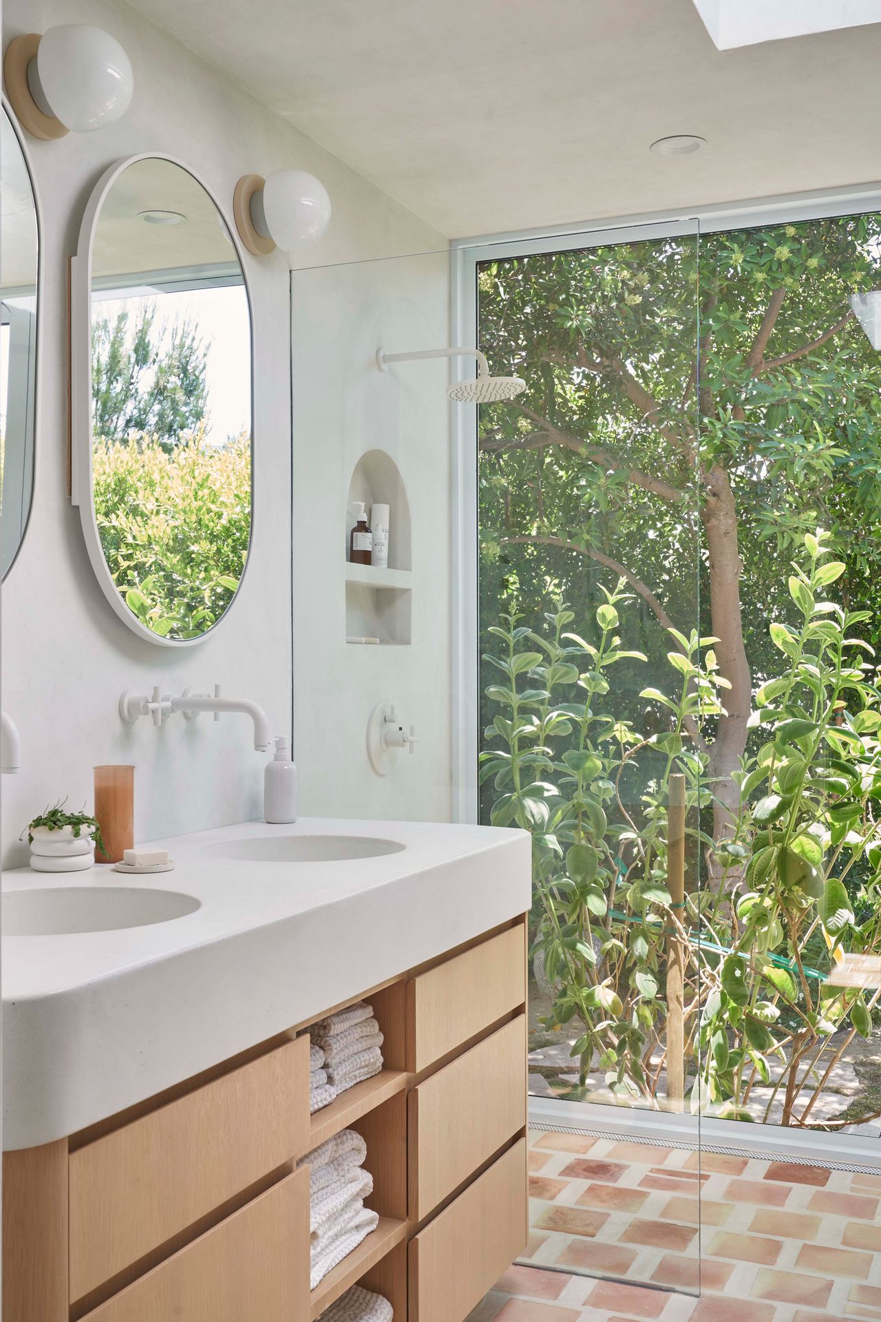 a bathroom with chunky grouted tiles