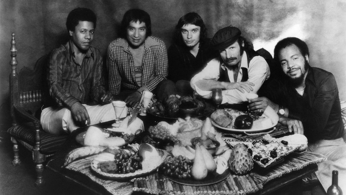 Wayne Shorter, Alex Acuna, Jaco Pastorius, Joe Zawinul, Chester Thompson - posed, studio, group shot 