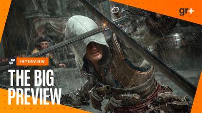 Edward Kenway parries an enemy sword attack in Assassin's Creed Black Flag Resynced in the pouring rain, with the GamesRadar+ orange Big Preview frame