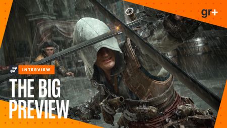 Edward Kenway parries an enemy sword attack in Assassin's Creed Black Flag Resynced in the pouring rain, with the GamesRadar+ orange Big Preview frame