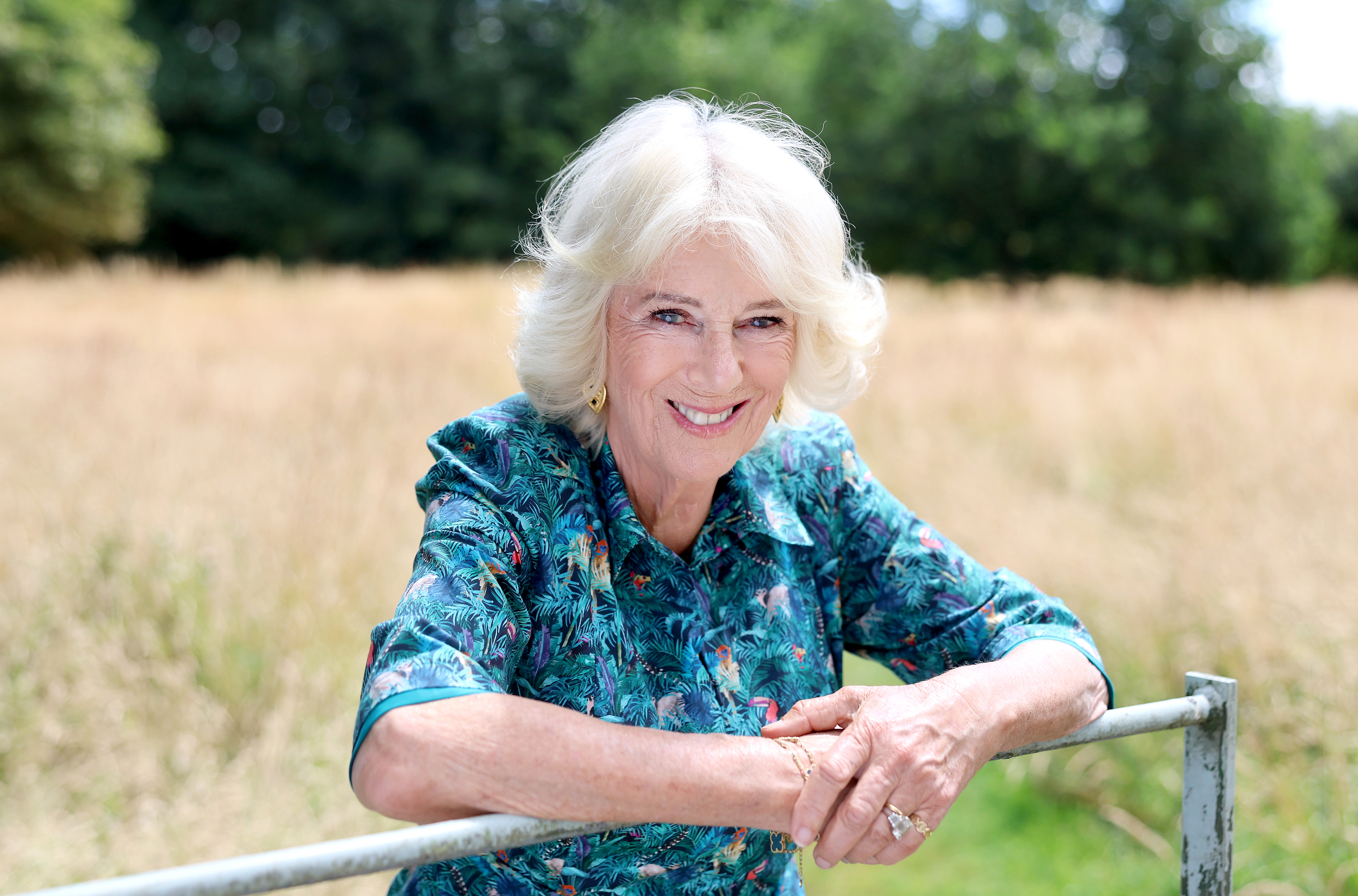 Queen Camilla wearing a blue dress leaning on a fence and smiling