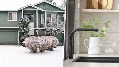 A green wooden house in the snow | A black kitchen tap