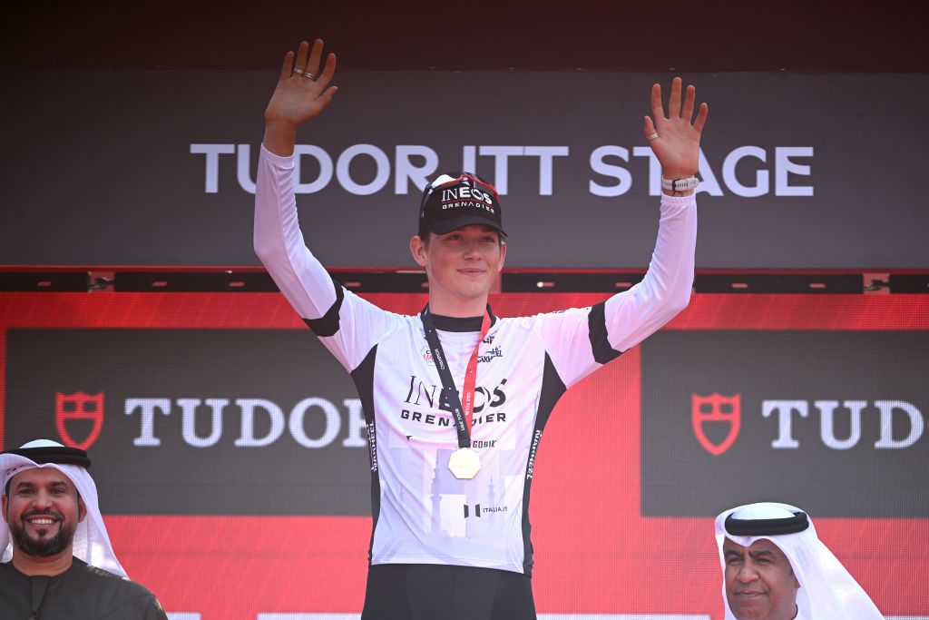 AL HUDAYRIYAT ISLAND ABU DHABI UNITED ARAB EMIRATES FEBRUARY 18 Joshua Tarling of The United Kingdom and Team INEOS Grenadiers celebrates at podium as White Best Young Rider Jersey winner during the 7th UAE Tour Stage 2 a 122km individual time trial stage from Al Hudayriyat Island to Al Hudayriyat Island UCIWWT on February 18 2025 in Abu Dhabi United Arab Emirates Photo by Dario BelingheriGetty Images