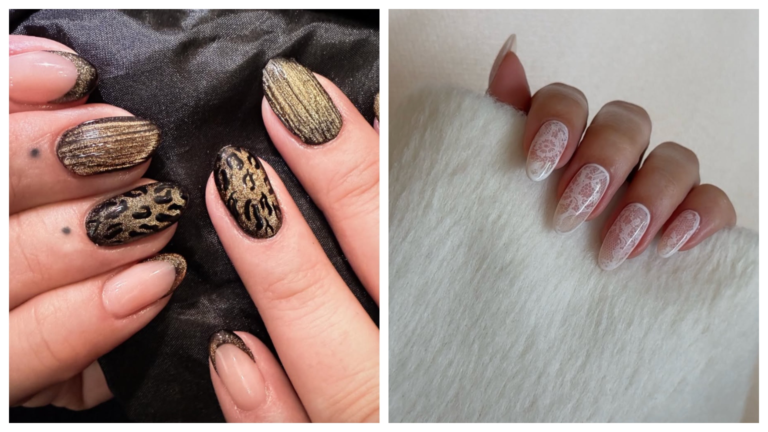 two hands with maximalist manicures with tiger stripe details and lace accents