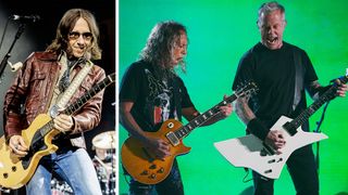 This composite image features Charlie Starr playing a TV Yellow Les Paul Junior on the left, while Metallica's Kirk Hammett plays his Greeny Les Paul Standard, and James Hetfield plays his his ESP Snakebyte.