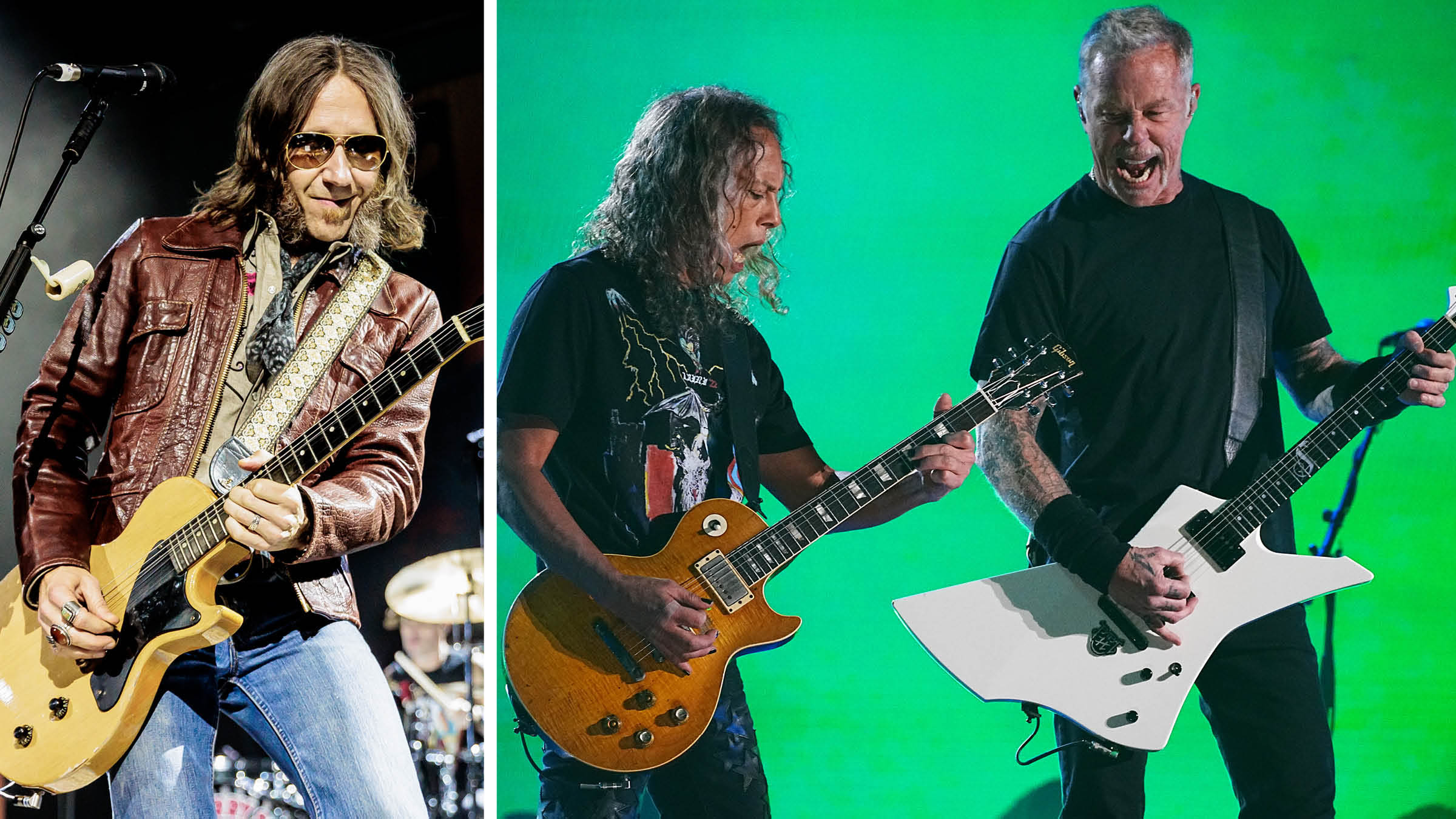 This composite image features Charlie Starr playing a TV Yellow Les Paul Junior on the left, while Metallica&#039;s Kirk Hammett plays his Greeny Les Paul Standard, and James Hetfield plays his his ESP Snakebyte.