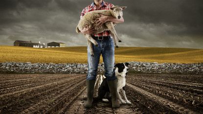 Illustration of a farmer holding a sheep in a barren field