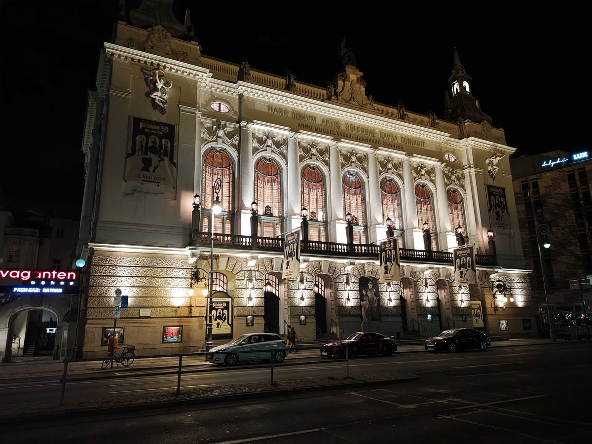 A building lit up at night